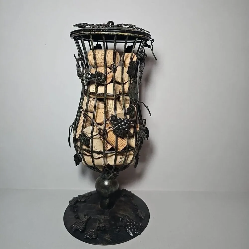 Decorative Art Wine Grapes Cork Cage Holder Hourglass Shaped Bronze with Corks